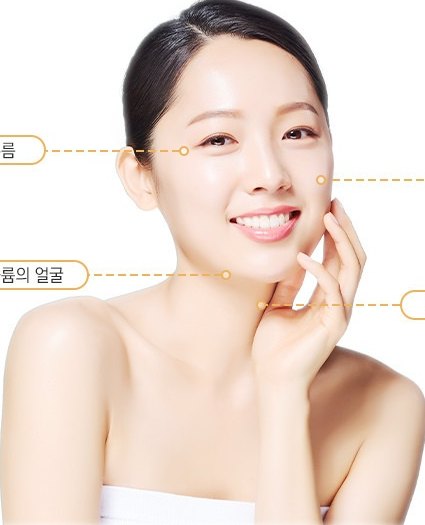 以一隻手托著下顎線微笑的女性上半身。圖中標示出眼周皺紋、臉頰下垂、容積不足的臉部，以及殘餘彈性下降的皮膚部位