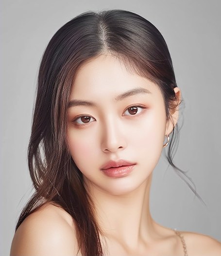 在淺灰色背景前直視前方的女性模特兒