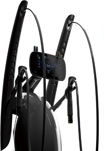 黑色 Volnewmer 單極高頻療程儀器。裝有多個手握把支臂與藍色 UI 顯示器