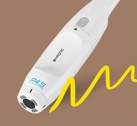 筆型手握把在有弧度的部位進行療程的畫面與黃色曲線插圖