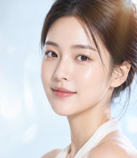 밝은 하늘빛 배경 앞에서 고개를 살짝 돌려 미소 짓는 여성 모델