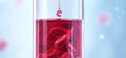 투명 시험관 안의 붉은 혈액과 확대된 적혈구